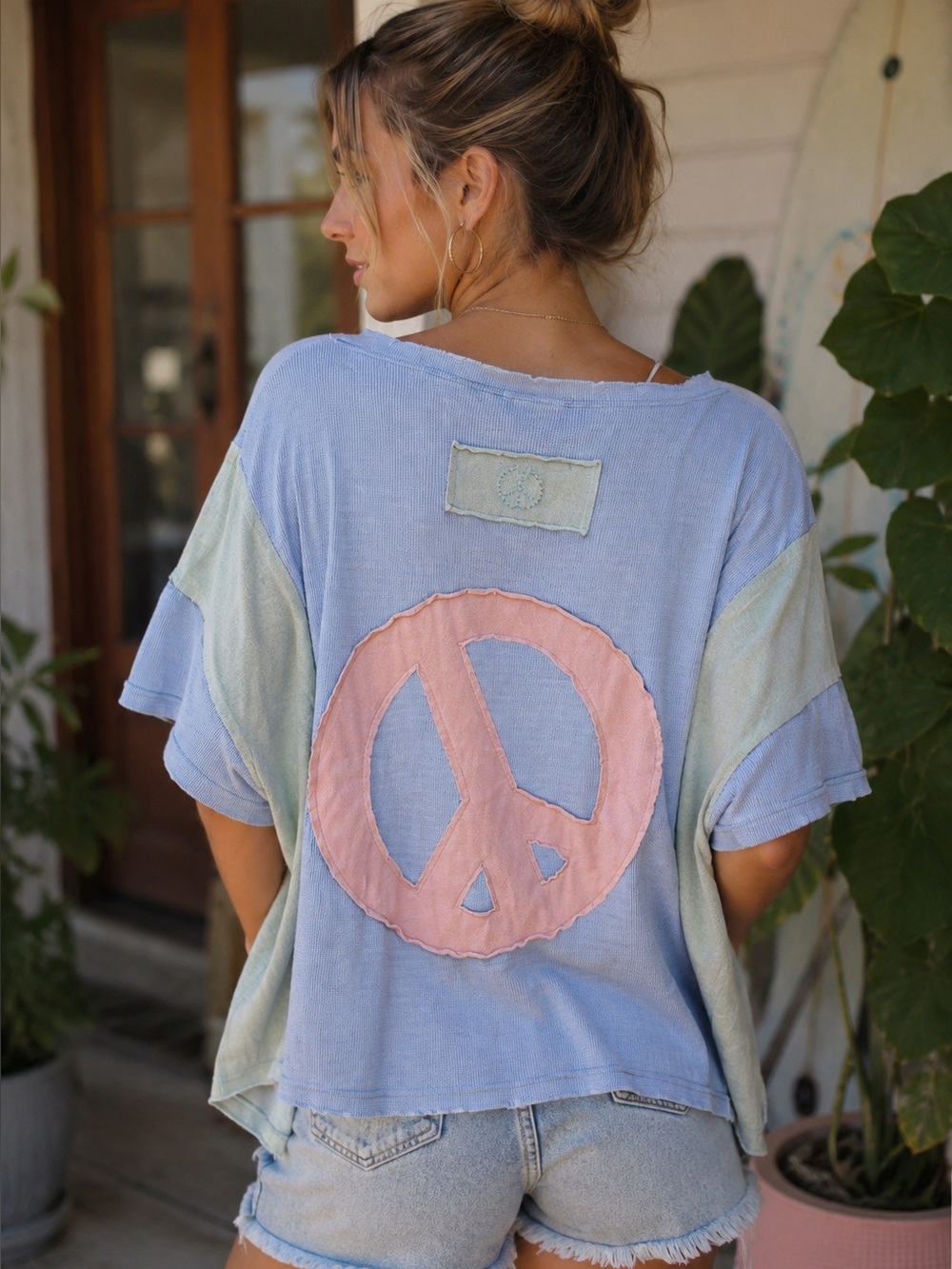 Womens Light Blue & Pink Peace-Emblem Tunic Top